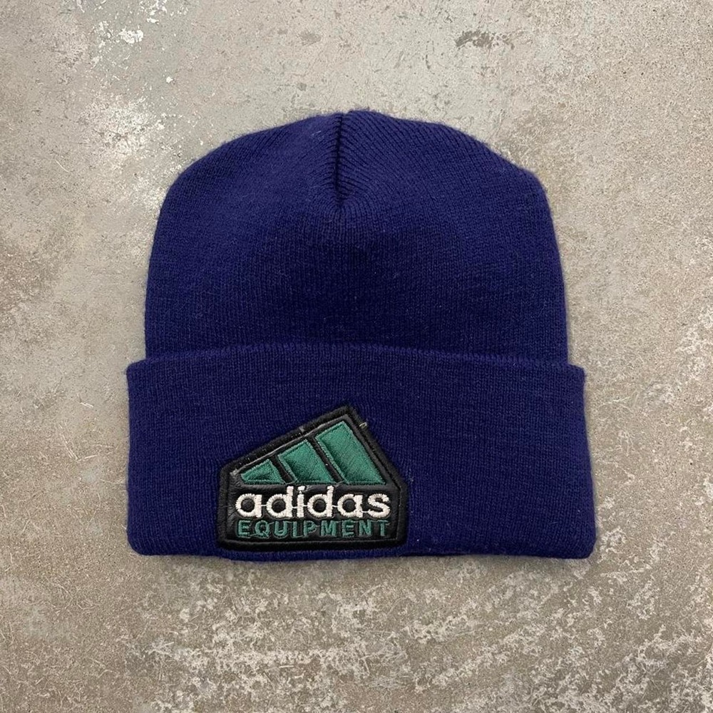 Vintage 90s Adidas Equipment Big Logo Patch Navy Blue Knit Beanie Hat OSFA